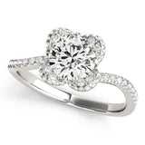 Silver Round Halo Diamond Engagement Ring with Twisted Pave Band and Four-Prong Setting