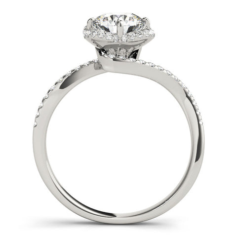 Silver Round Halo Diamond Engagement Ring with Twisted Pave Band and Four-Prong Setting