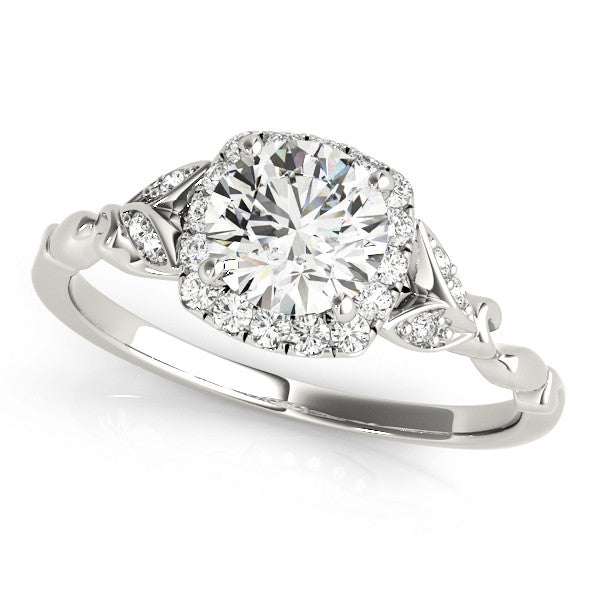Silver Round Halo Diamond Engagement Ring with Vintage-Inspired Band and Four-Prong Setting 2