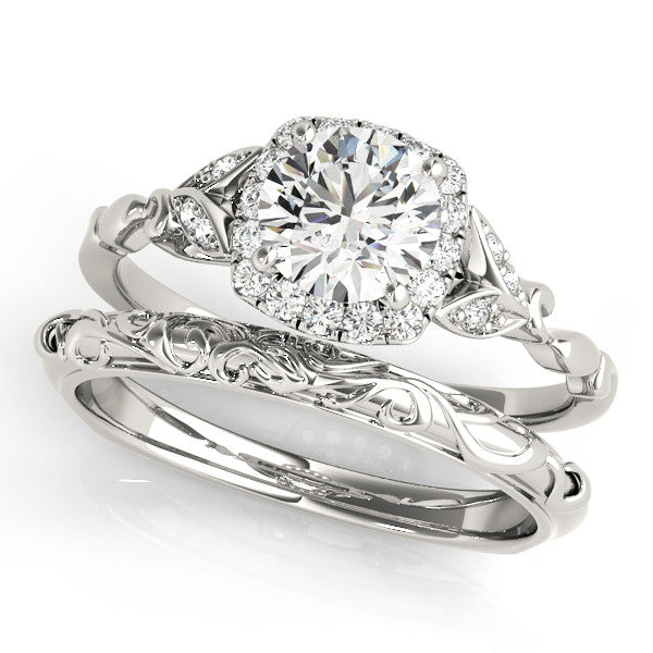 Silver Round Halo Diamond Engagement Ring with Vintage-Inspired Band and Four-Prong Setting