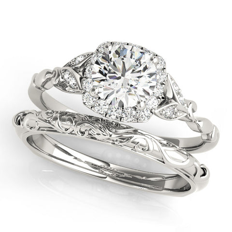 Silver Round Halo Diamond Engagement Ring with Vintage-Inspired Band and Four-Prong Setting