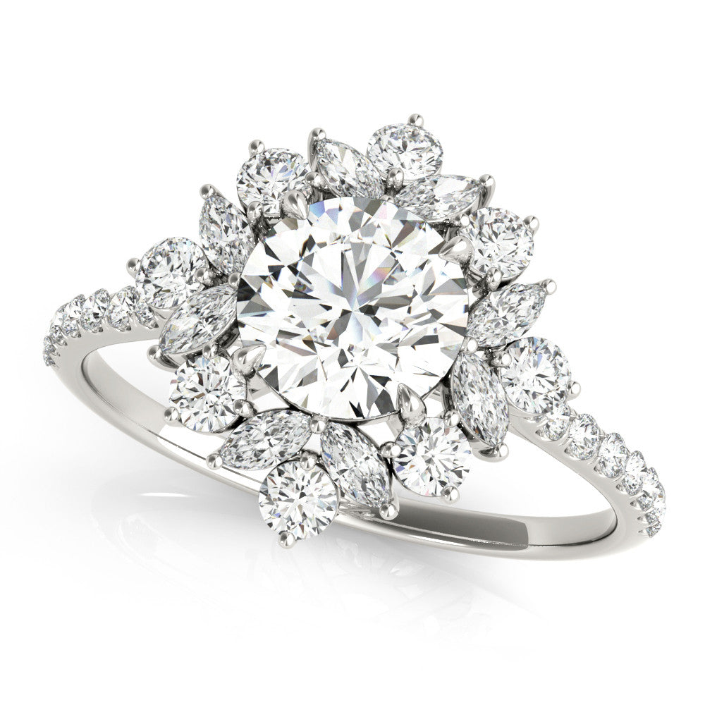 Silver Round Halo Diamond Floral Cluster Ring with Pavé Band and Prong Setting 1