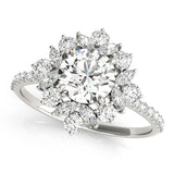 Silver Round Halo Diamond Floral Cluster Ring with Pavé Band and Prong Setting 1