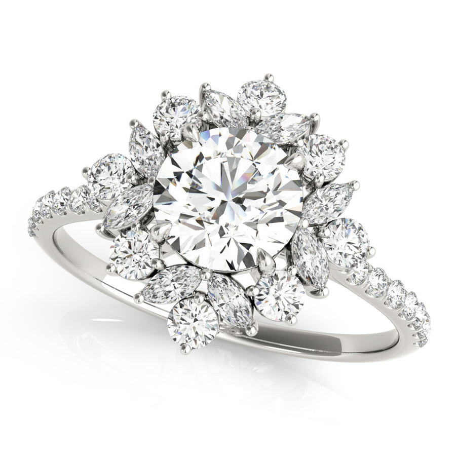 White gold Round Halo Diamond Floral Cluster Ring with Pavé Band and Prong Setting