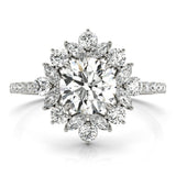 Silver Round Halo Diamond Floral Cluster Ring with Pavé Band and Prong Setting 2