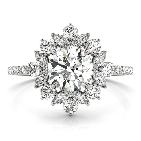White gold Round Halo Diamond Floral Cluster Ring with Pavé Band and Prong Setting