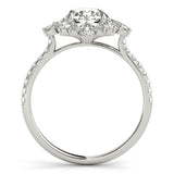 Silver Round Halo Diamond Floral Cluster Ring with Pavé Band and Prong Setting
