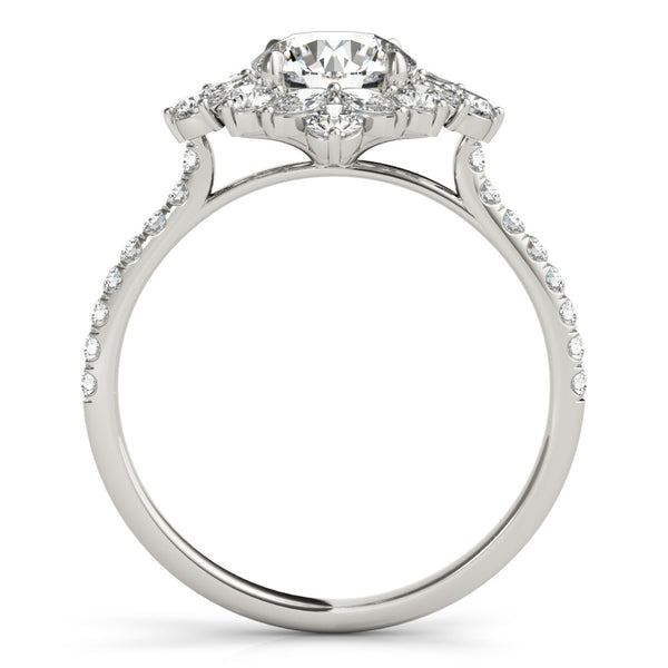 White gold Round Halo Diamond Floral Cluster Ring with Pavé Band and Prong Setting