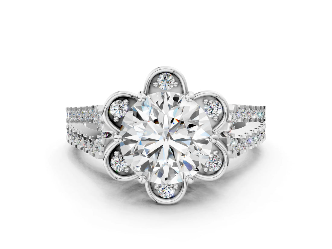 Silver Round Halo Diamond Floral Split Shank Engagement Ring