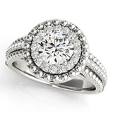 Silver Round Halo Diamond Ring with Beaded Split Shank and Four-Prong Setting