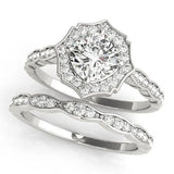 Silver Round Halo Diamond Ring with Milgrain Band and Four-Prong Setting 1