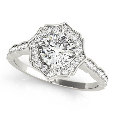 Silver Round Halo Diamond Ring with Milgrain Band and Four-Prong Setting 2
