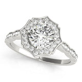 Silver Round Halo Diamond Ring with Milgrain Band and Four-Prong Setting