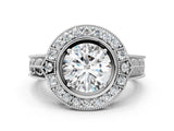 Silver Round Halo Diamond Ring with Milgrain Bezel and Prong Setting_14
