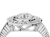 Silver Round Halo Diamond Ring with Milgrain Bezel and Prong Setting_18