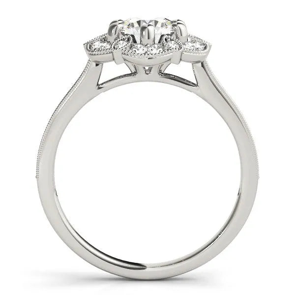 Silver Round Halo Diamond Ring with Milgrain Pave Band and Prong Setting