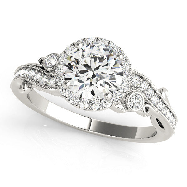White gold Round Halo Diamond Ring with Milgrain and Bezel Accents on a Split Shank Band