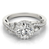 Silver Round Halo Diamond Ring with Milgrain and Bezel Accents on a Split Shank Band 2