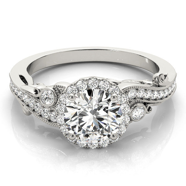 White gold Round Halo Diamond Ring with Milgrain and Bezel Accents on a Split Shank Band
