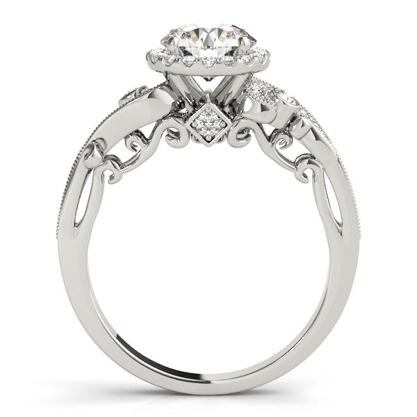 White gold Round Halo Diamond Ring with Milgrain and Bezel Accents on a Split Shank Band