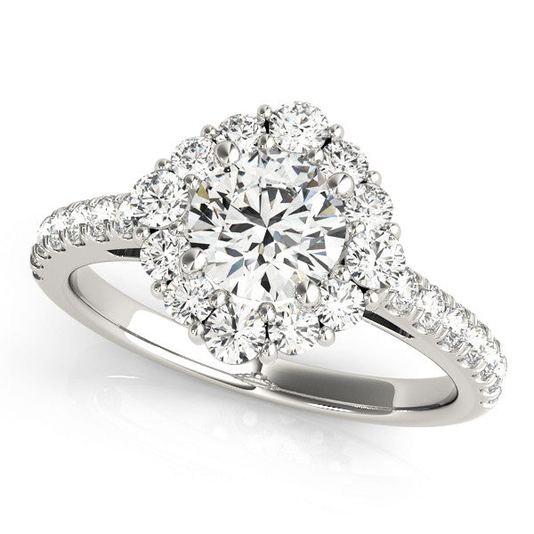 Silver Round Halo Diamond Ring with Pavé Band and Four-Prong Setting 1