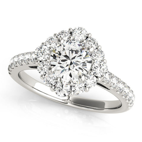 Silver Round Halo Diamond Ring with Pavé Band and Four-Prong Setting 1