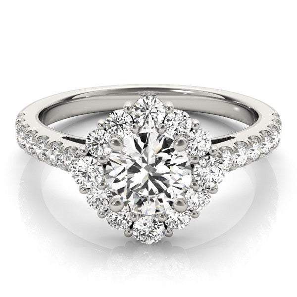 Silver Round Halo Diamond Ring with Pavé Band and Four-Prong Setting 2
