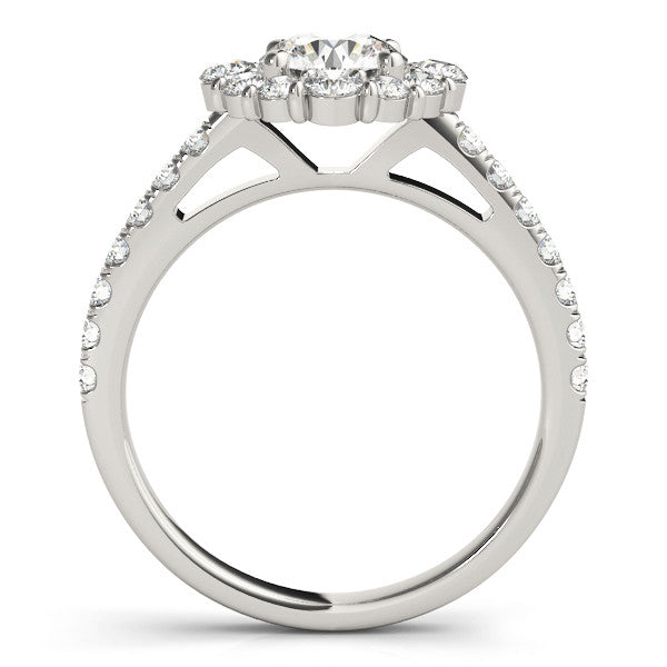 Silver Round Halo Diamond Ring with Pavé Band and Four-Prong Setting