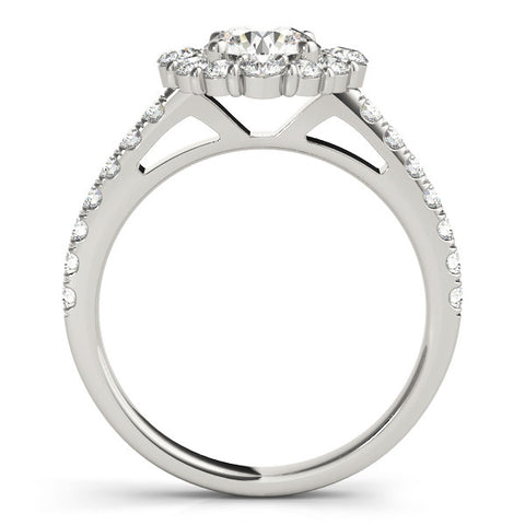 Silver Round Halo Diamond Ring with Pavé Band and Four-Prong Setting