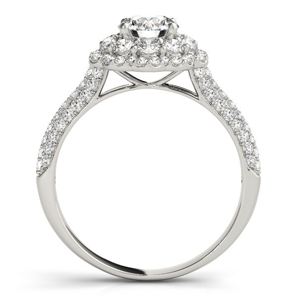 Silver Round Halo Diamond Ring with Pave Band and Four-Prong Setting