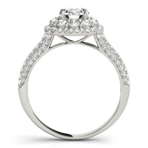 Silver Round Halo Diamond Ring with Pave Band and Four-Prong Setting