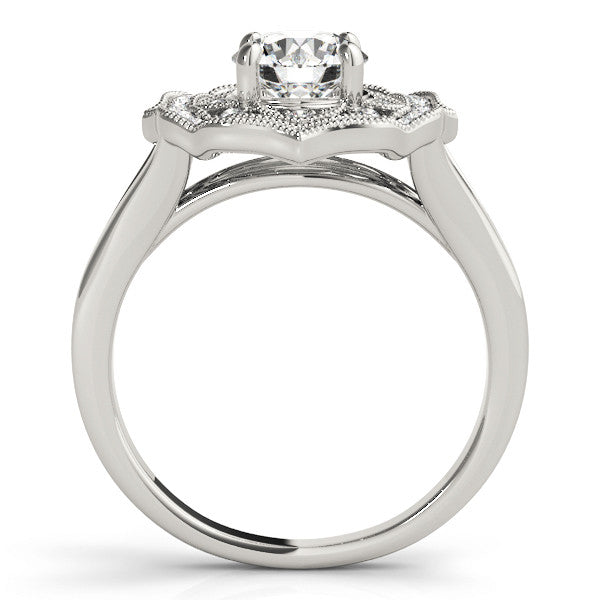 Silver Round Halo Diamond Ring with Split Shank and Four-Prong Setting
