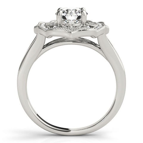 Silver Round Halo Diamond Ring with Split Shank and Four-Prong Setting