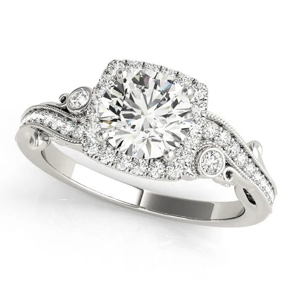 Silver Round Halo Diamond Ring with Twisted Band and Four-Prong Setting