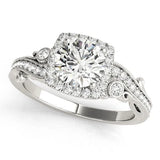 Silver Round Halo Diamond Ring with Twisted Band and Four-Prong Setting
