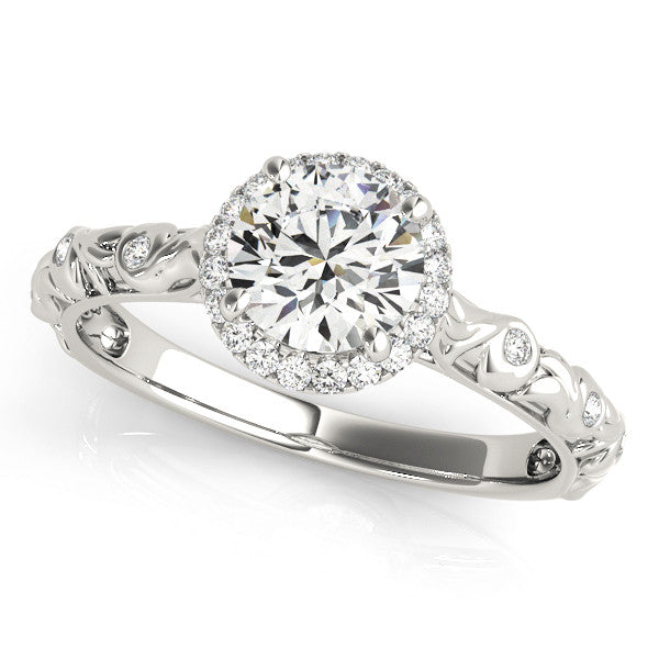 Silver Round Halo Diamond Solitaire with Filigree Band and Four-Prong Setting 1