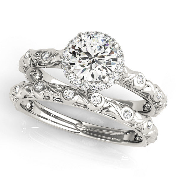 Silver Round Halo Diamond Solitaire with Filigree Band and Four-Prong Setting 2