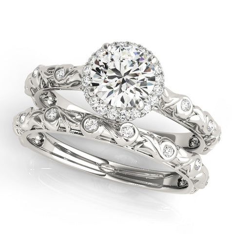Silver Round Halo Diamond Solitaire with Filigree Band and Four-Prong Setting 2