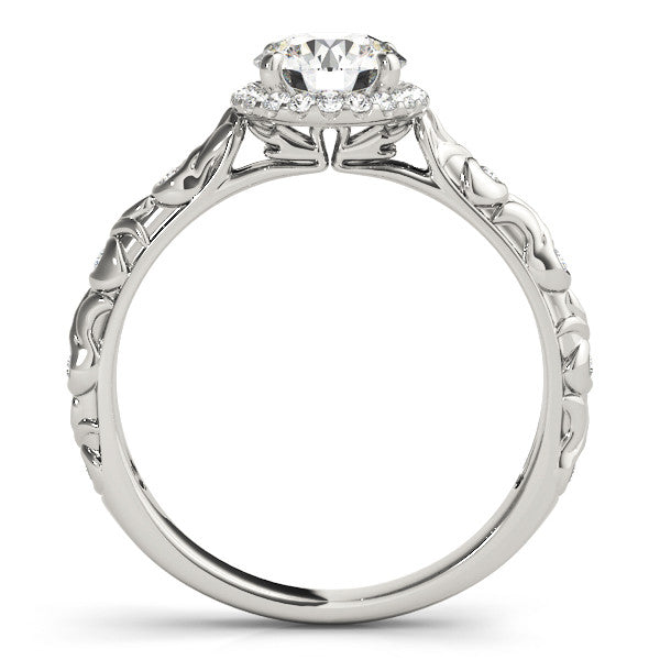 Silver Round Halo Diamond Solitaire with Filigree Band and Four-Prong Setting