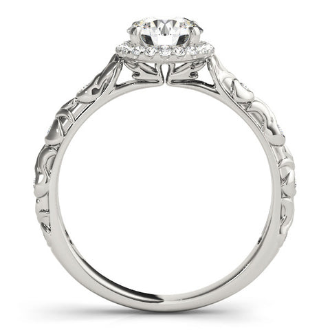 Silver Round Halo Diamond Solitaire with Filigree Band and Four-Prong Setting