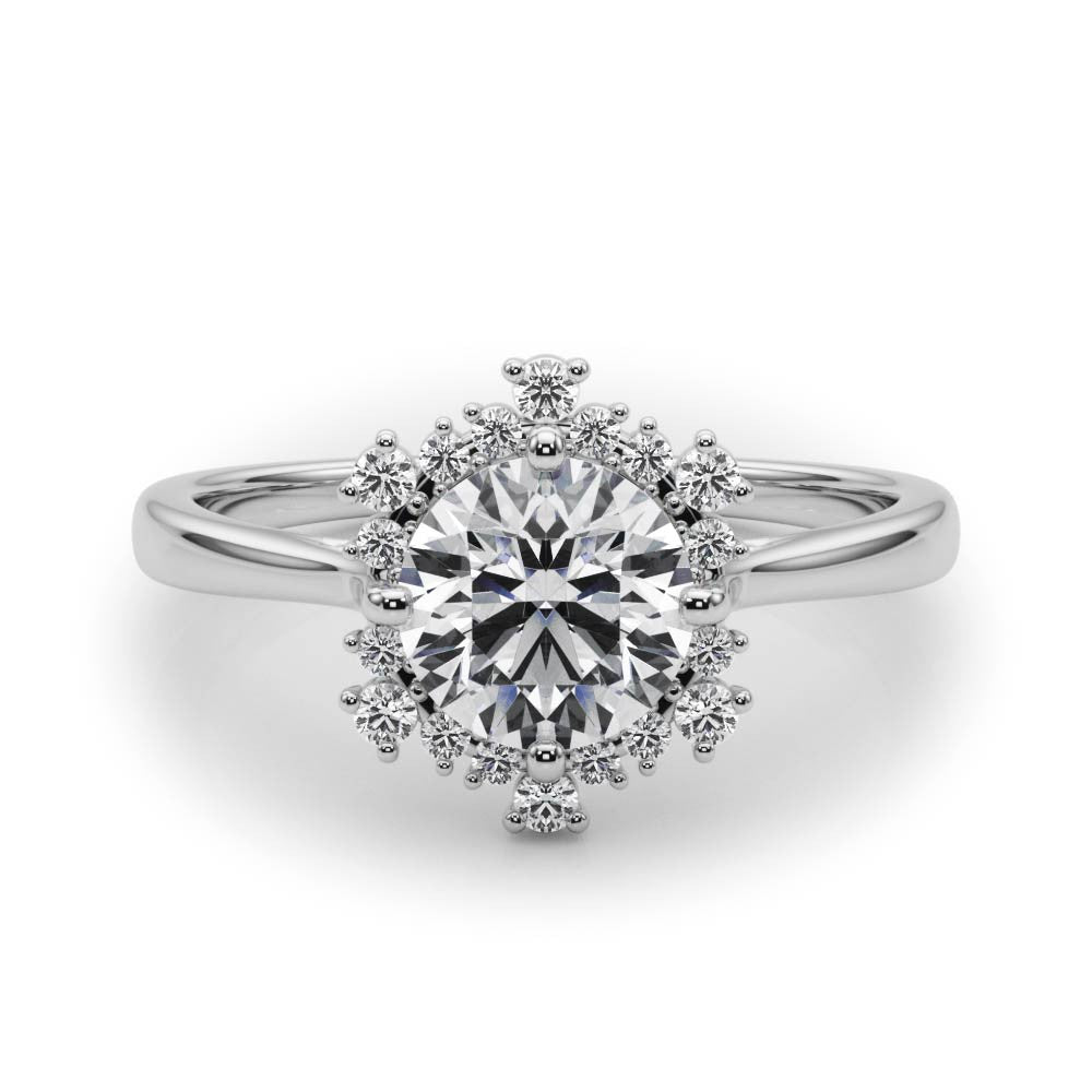Silver Round Halo Diamond Solitaire with Pavé Band and Four-Prong Setting 2