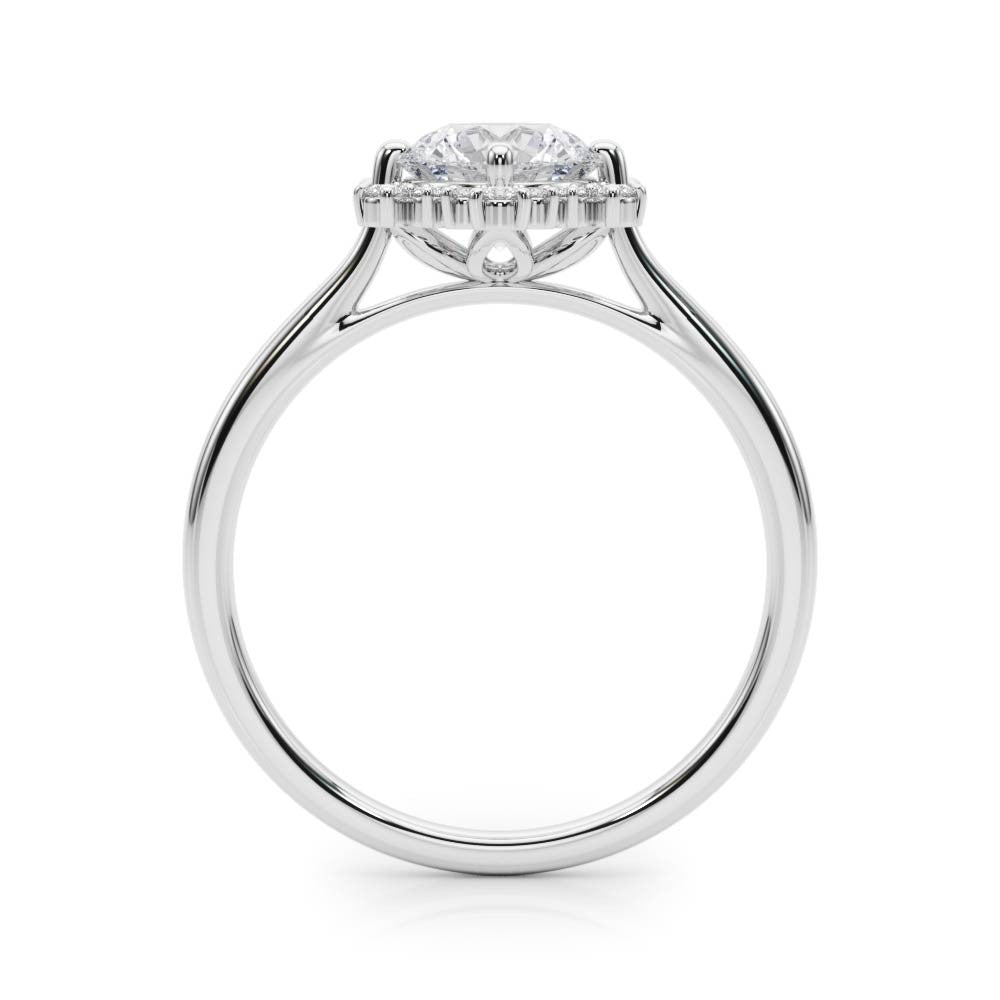 Silver Round Halo Diamond Solitaire with Pavé Band and Four-Prong Setting
