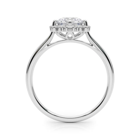 Silver Round Halo Diamond Solitaire with Pavé Band and Four-Prong Setting