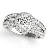 Silver Round Halo Diamond Split Shank Ring with Prong Setting