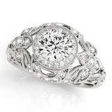 Silver Round Halo Filigree Diamond Engagement Ring with Prong Setting