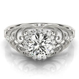 Silver Round Halo Filigree Solitaire Diamond Ring with Milgrain Detailing 1