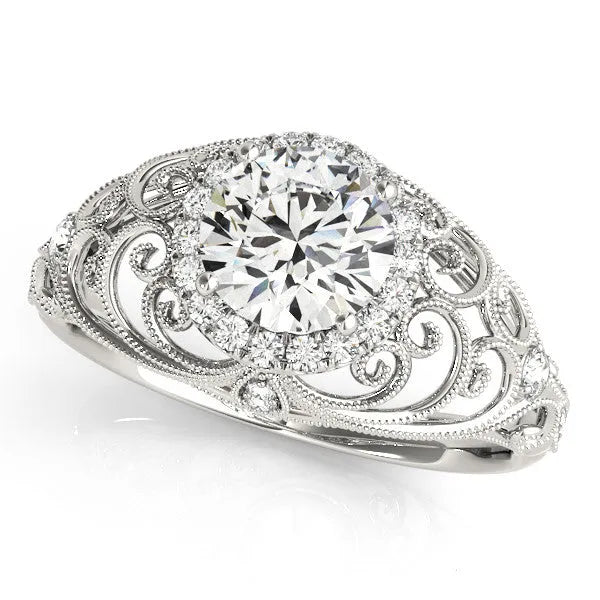 Silver Round Halo Filigree Solitaire Diamond Ring with Milgrain Detailing