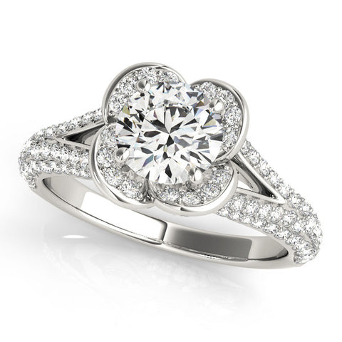 Silver Round Halo Floral Diamond Engagement Ring with Pave Split Shank and Four-Prong Setting 1