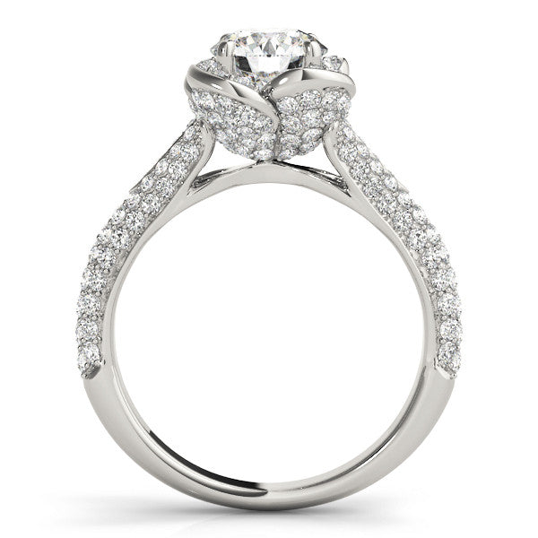 Silver Round Halo Floral Diamond Engagement Ring with Pave Split Shank and Four-Prong Setting