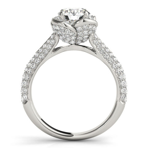 Silver Round Halo Floral Diamond Engagement Ring with Pave Split Shank and Four-Prong Setting